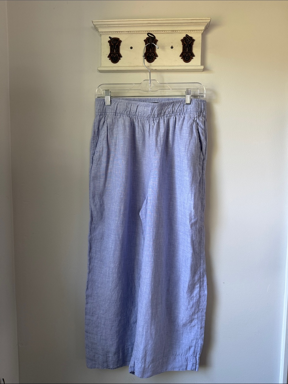 Tahari Pale Blue 100% Linen Crop Wide-Leg Pants Vacation Summer Pull on Casual